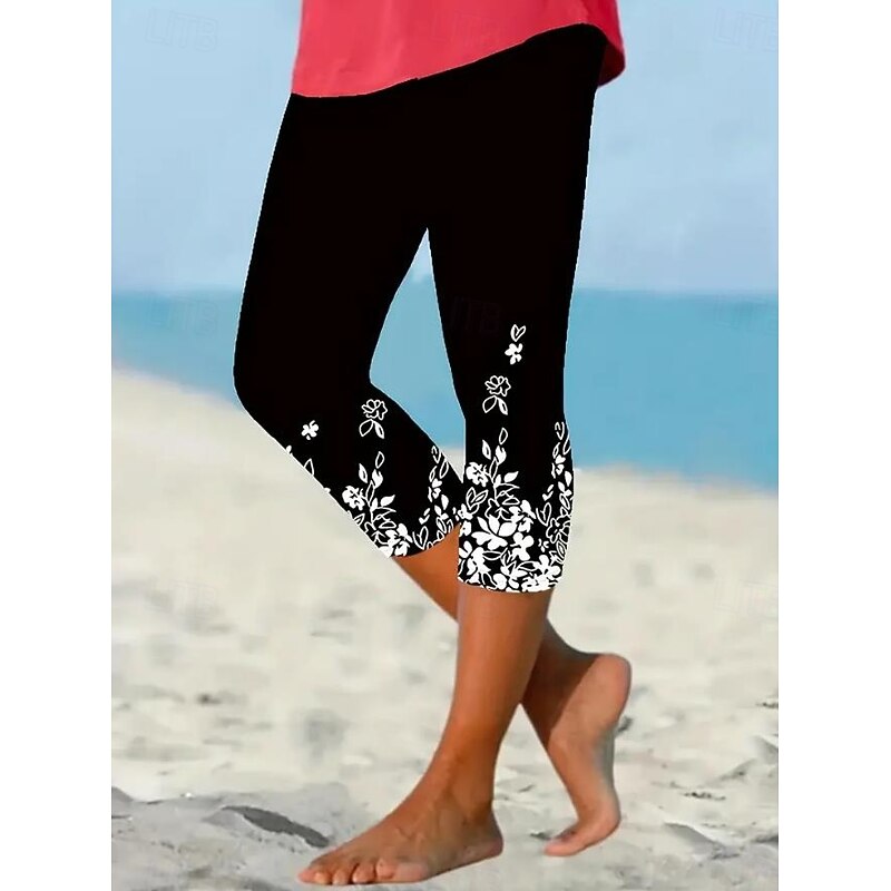 Women's Leggings Capri Pants High Elasticity Fashion Full Length Mid Waist Layered Print  Casual Daily Black Grey Summer Regular Fit