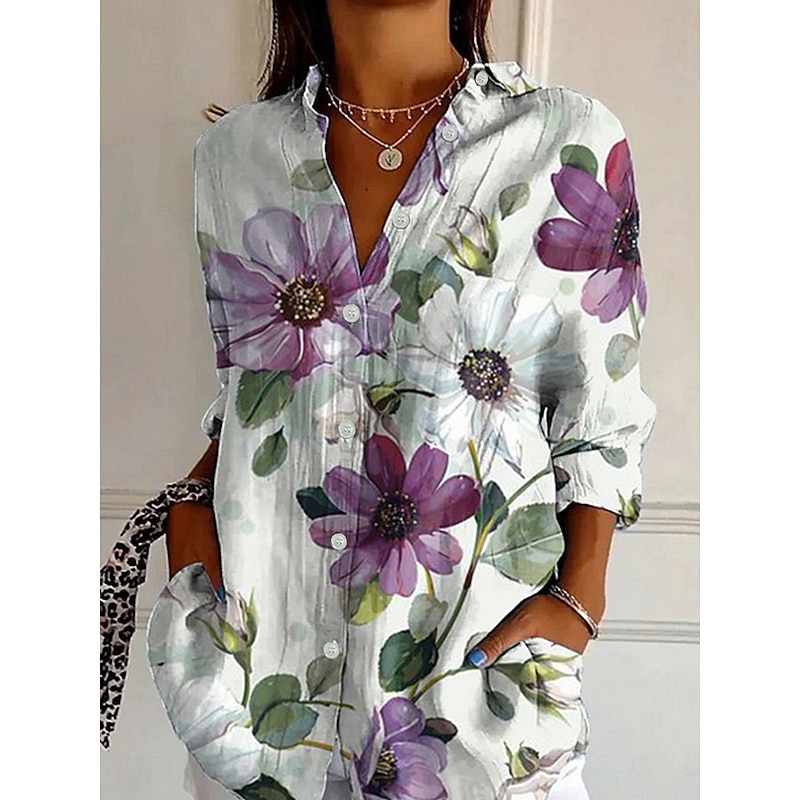 Women's Shirt Button Down Tunic Shirt Collar Long Sleeve Graphic Daily Stylish Retro Vintage 3/4 Length Sleeve Regular Tops Daily Holiday Going out s Yellow Purple Spring2