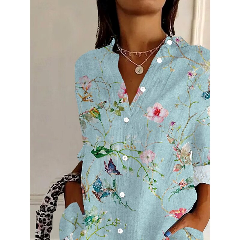 Women's Shirt Button Down Tunic Shirt Collar Long Sleeve Floral Graphic Daily Stylish Retro Vintage 3/4 Length Sleeve Regular Tops Daily Holiday Going out s Light Blue Spring2