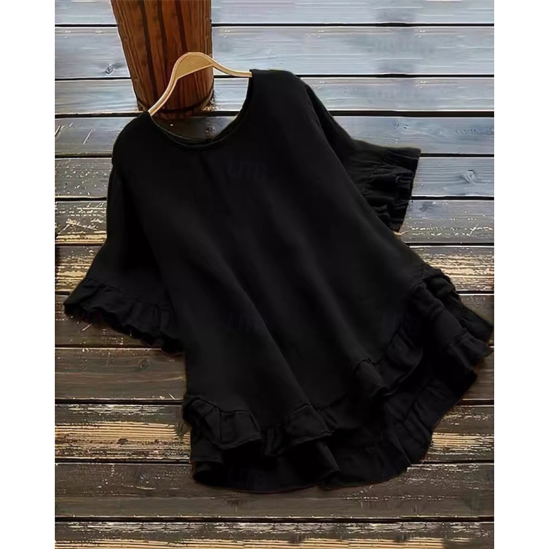 Women's Linen-Inspired Shirts Blouse Plain Daily Stylish Basic Short Sleeve Crew Neck Regular Tops Work Daily Holiday Ruffle Black White Gray Summer4