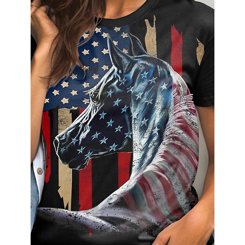 Women's Patriotic  T Shirt Animal Flag USA Casual Short Sleeve Crew Neck Regular Tops Daily Print Black Summer3