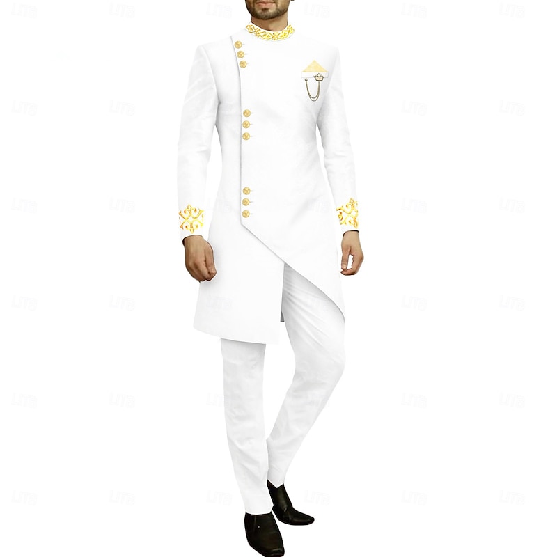 Men's Africa Festival Party Suits Black White Fashion Solid Colored Standard Fit 2 Piece Single Breasted More-button4