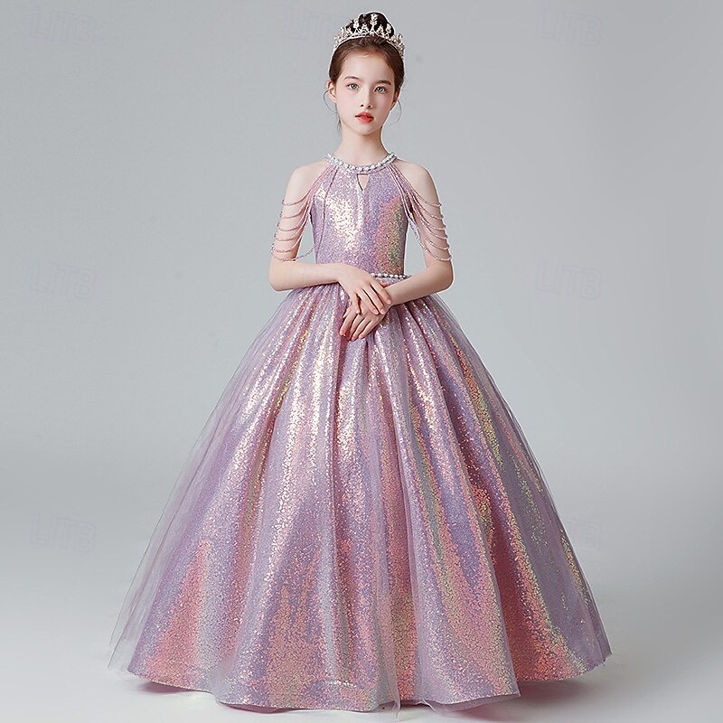 Kids Girls' Party Dress Solid Color Sleeveless Performance Birthday Sequins Elegant Beautiful Polyester Maxi Party Dress Swing Dress A Line Dress Summer 4-12 Years Pink Blue Gold