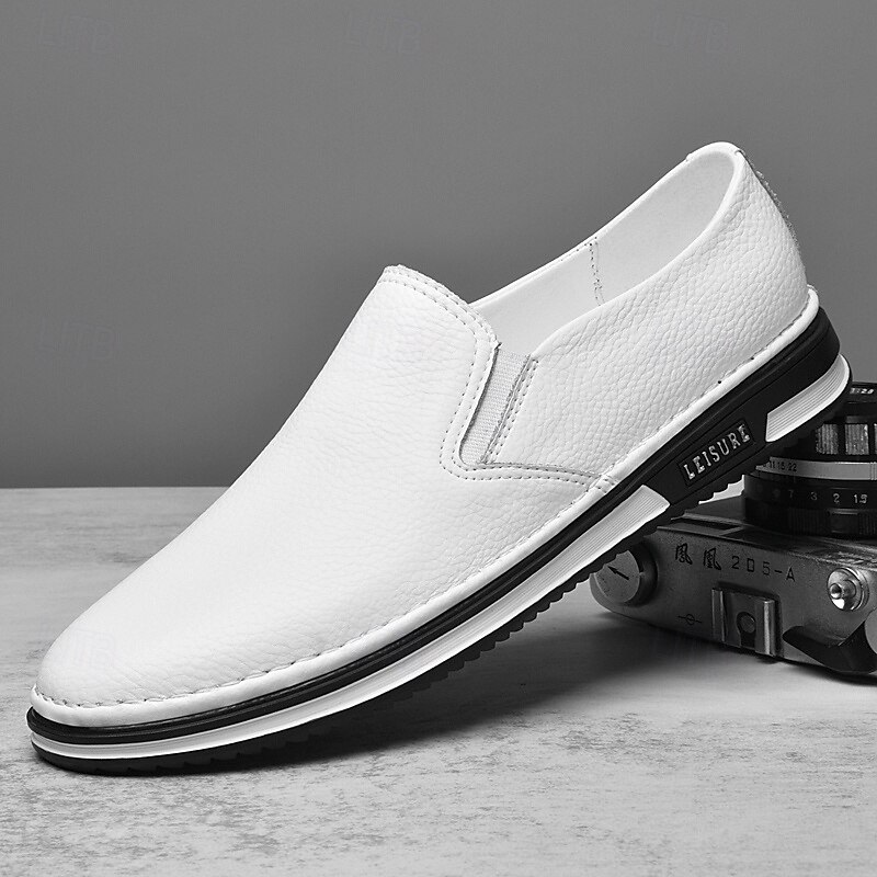 Men's Slip-On Faux Leather Sneakers, Casual White Shoes with Comfortable Rubber Sole, Stylish and Versatile Footwear for Everyday and Leisure Activities