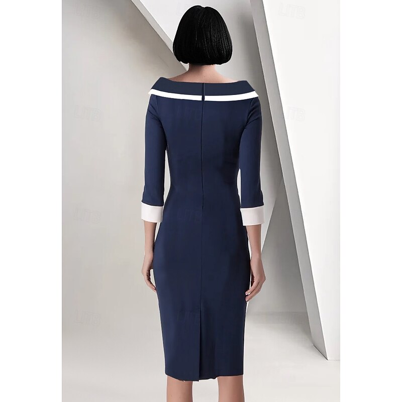 Sheath / Column Mother of the Bride Dress Elegant Vintage Simple Off Shoulder Tea Length Crepe 3/4 Length Sleeve Jacket Dresses with Ruffles Color Block Race Day Dress2