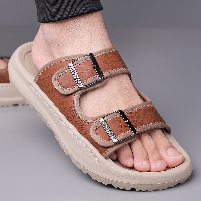 Men's Brown Two-Buckle Faux Leather Sandals with Comfortable Footbed and Durable Sole – Adjustable Slip-On Summer Shoes for Casual and Outdoor Wear2