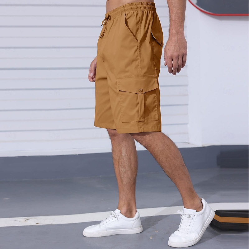 Men's Cargo Shorts Shorts Bermuda shorts Casual Shorts Drawstring Elastic Waist Multi Pocket Plain Breathable Moisture Wicking Knee Length Outdoor Casual Running Fashion Streetwear Dark Khaki Black3