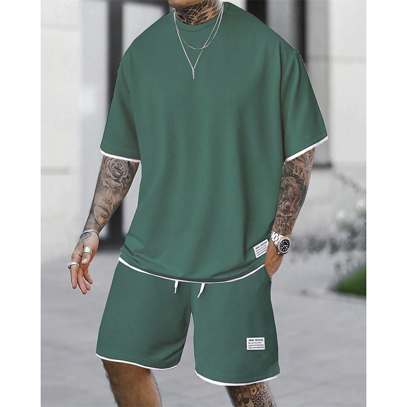 Men's Workout Set Tracksuit T shirt & Shorts Set Outfit Set Crew Neck Outdoor Daily Sports Pocket Drawstring 2 Piece Plain Light Green Pink Red Polyester Activewear Classic Casual Summer3