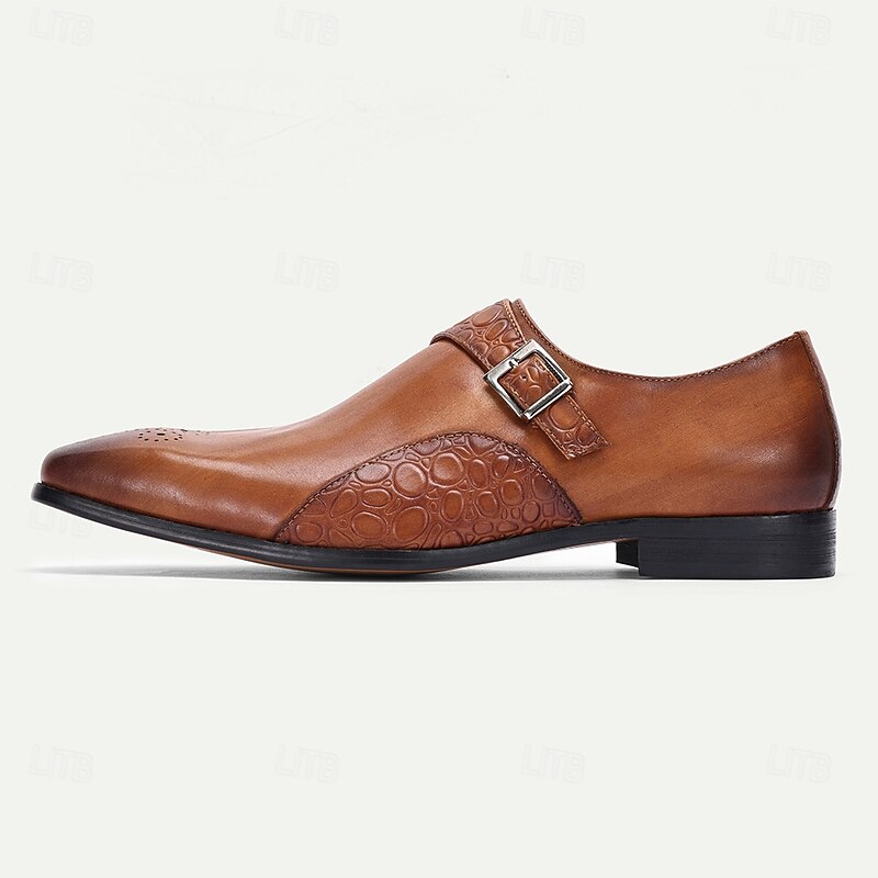 Men's Premium Brown Leather Monk Strap Shoes with Textured Detailing, Formal Style for Weddings, Business Events and Special Occasions3