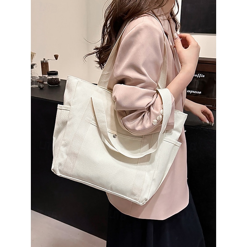 Women's Colorblock Canvas Tote Bag - Large capacity, multiple pockets, casual style, unisex, durable - Great for shopping, travel and daily use Black White Khaki4