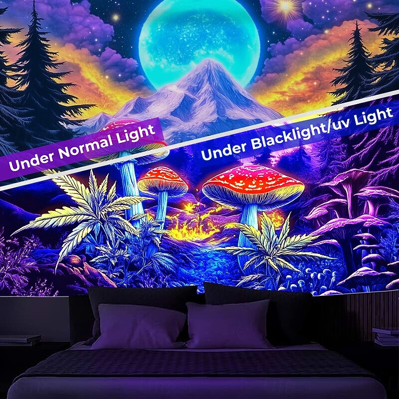 Blacklight Tapestry Glow in the Dark Glow Party UV Reactive Trippy Misty Mushrooms Mountain Nature Landscape Hanging Tapestry Wall Art Mural for Living Room Bedroom2