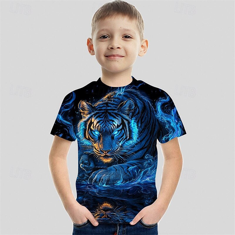 Boys 3D Graphic Animal Tiger T shirt Tee Short Sleeve Summer Spring Fashion Basic Kids 4-12 Years Crew Neck Outdoor Casual Daily Regular Fit