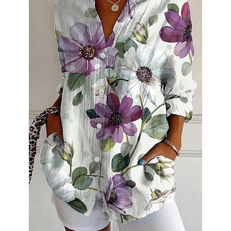 Women's Shirt Button Down Tunic Shirt Collar Long Sleeve Graphic Daily Stylish Retro Vintage 3/4 Length Sleeve Regular Tops Daily Holiday Going out s Yellow Purple Spring3