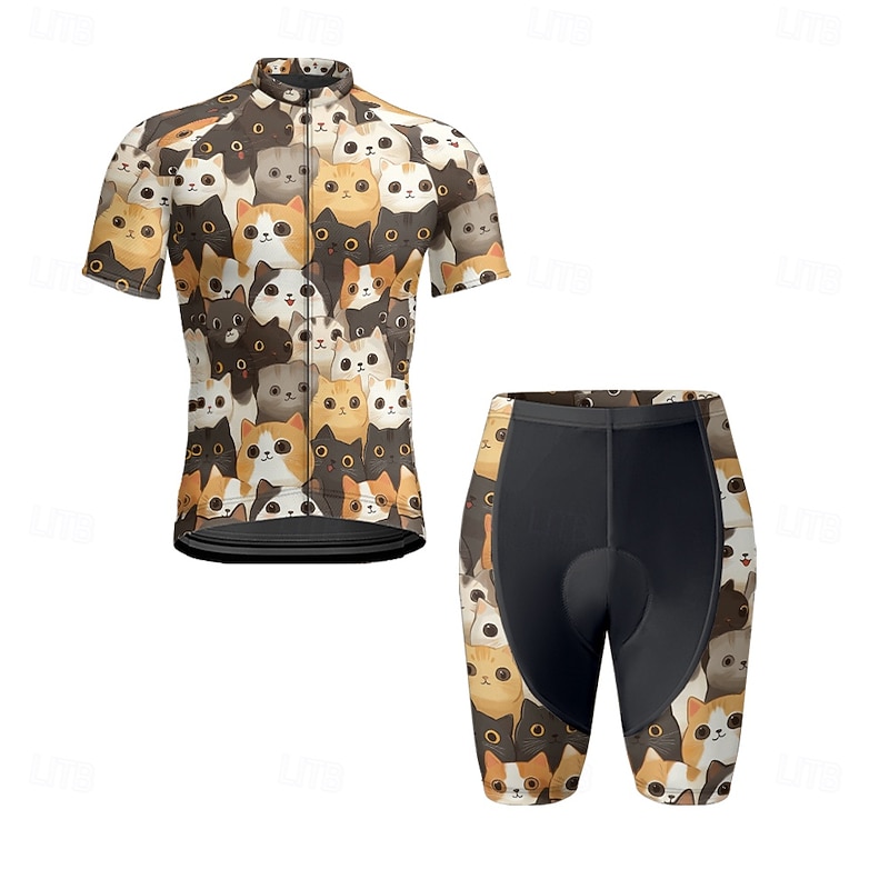 Men's Cycling Jersey with Shorts Cat Short Sleeve Bike Clothing Suit with 3 Rear Pockets Mountain Bike MTB Road Bike Cycling Front Zipper Sweat wicking Comfortable Breathable Sports Black Yellow Dark