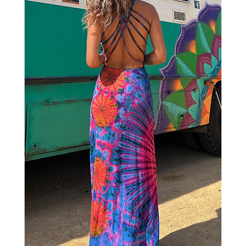 Women's Long Dress Maxi Dress Casual Dress Summer Dress Fashion Outdoor Party Holiday Regular Fit Geometric Sleeveless Straps Black Red Blue Summer Spring2