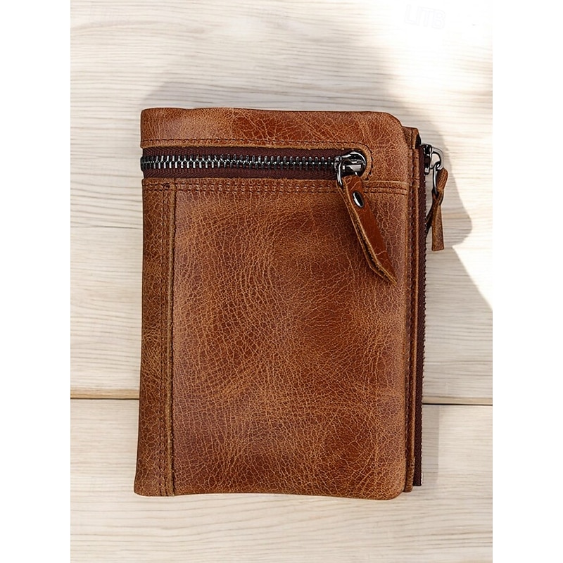 RFID-Blocking Leather Wallet for Men – Premium Cowhide with Zippered Closure, Multiple Card Slots, and Currency Compartment – Stylish and Secure Everyday Accessory Black Brown