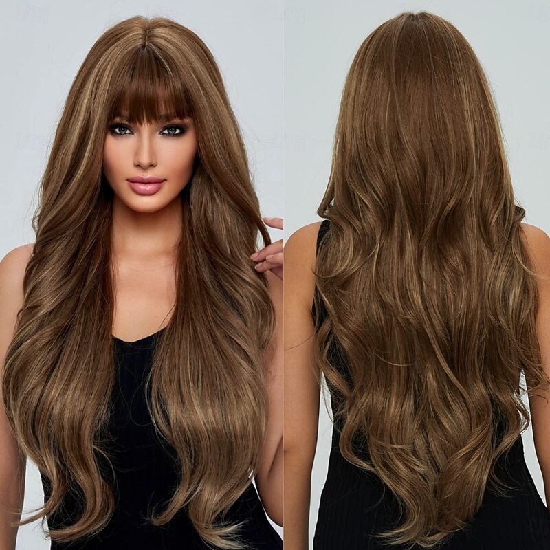 Long Curly Wigs with Bangs for Women Heat Resistant Synthetic Wavy Wigs for Daily/Party/Cosplay