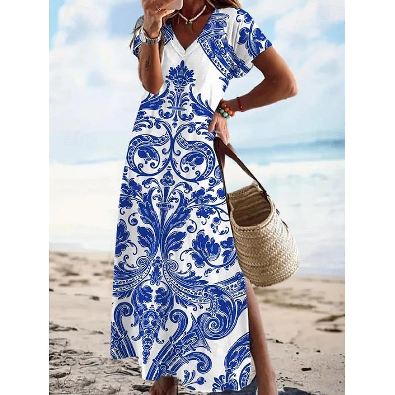 Women's Maxi Dress Paisley Dress Casual Dress Long Sleeve Boho Dress A Line Dress Bohemia Vacation Vintage Vacation Daily Regular Fit Floral Short Sleeve V Neck Aqua Blue Summer Spring