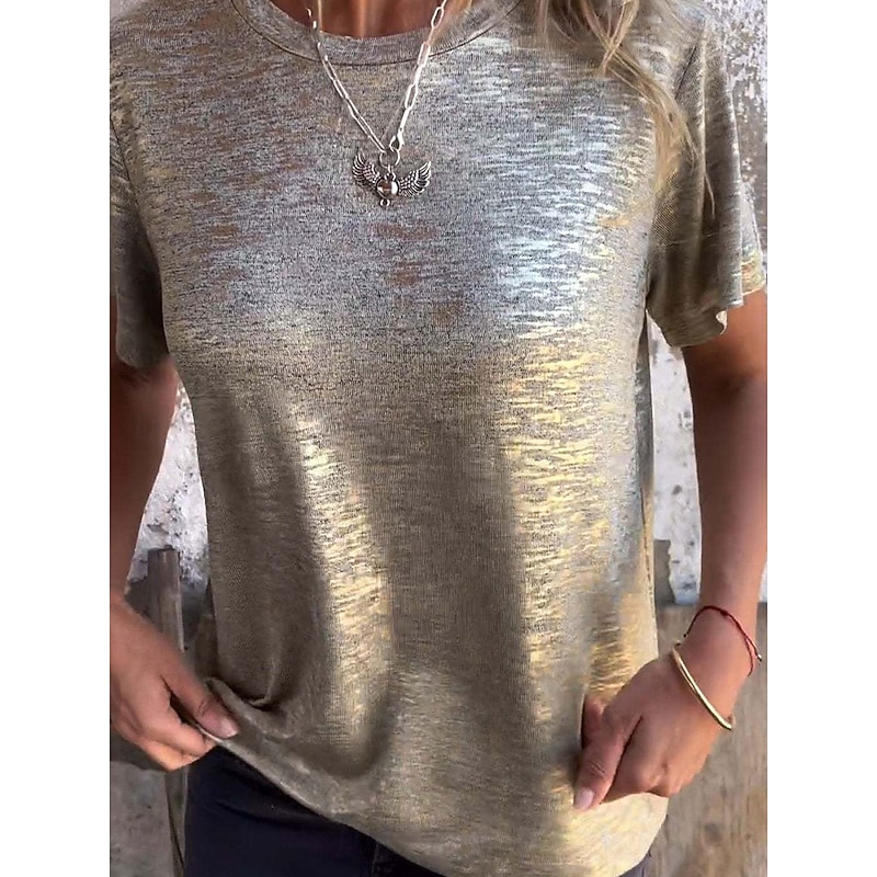 Women's T Shirt Plain Fashion Modern Casual Short Sleeve Crew Neck Regular Tops Daily Weekend Sequins Silver Black Gold Rainbow Summer Spring2