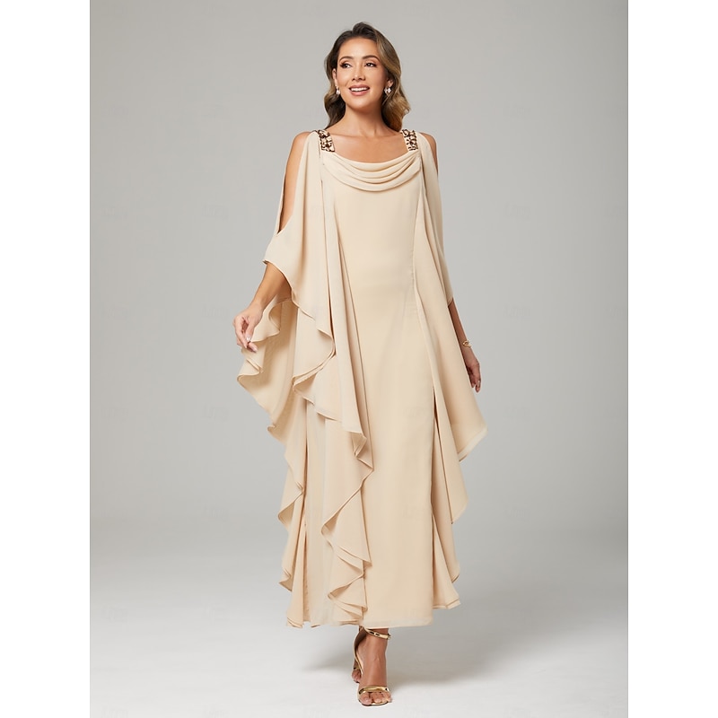 Sheath / Column Mother of the Bride Dress Wedding Guest Elegant Plus Size Crew Neck Floor Length Chiffon Half Sleeve with Beading Cascading Ruffles