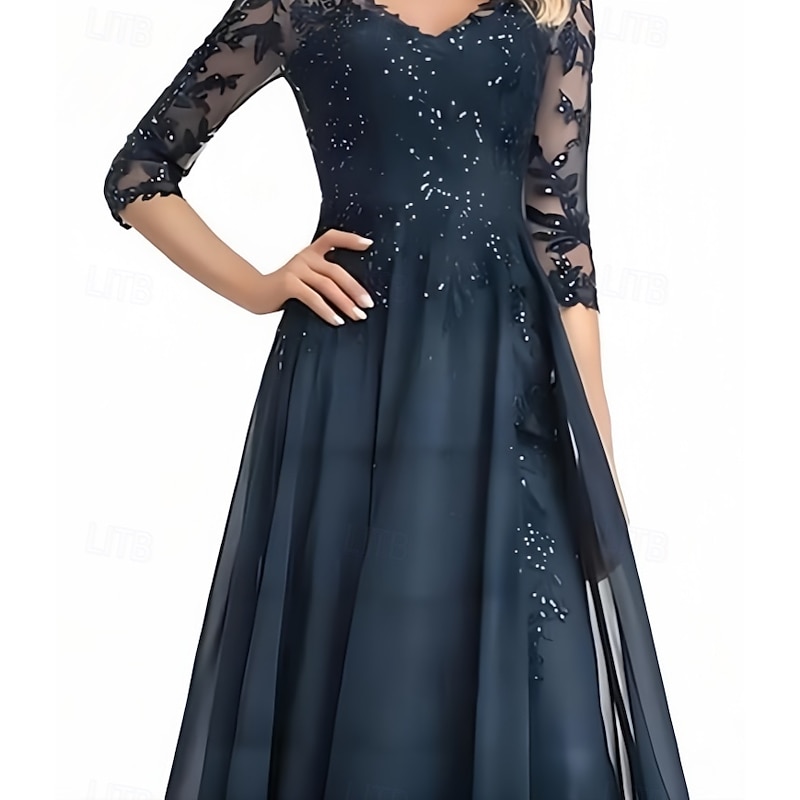 A-Line Mother of the Bride Dress Wedding Guest Elegant V Neck Floor Length Chiffon 3/4 Length Sleeve with Beading Appliques4