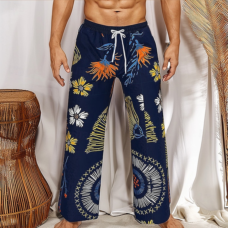 Men's Floral Print Flowers Trousers Baggy Pants Casual Pants Mid Waist Hawaiian Vacation Holiday Beach Wear Drawstring Elastic Waist Wide Leg Summer Spring 3D Print Dark Blue