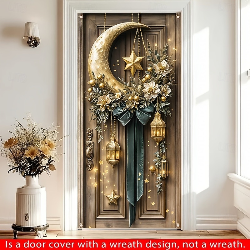 Ramadan Mubarak Door Decorations Door Covers Eid Moon Door Tapestry Door Curtain Decoration Backdrop Indoor/Outdoor Door Banner for Front Door Farmhouse
