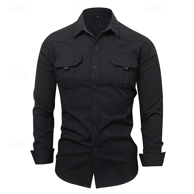 Men's Shirt Summer Shirt Casual Shirt Button Up Shirt Black khaki Army Green Gray Long Sleeve Plain Lapel Vacation Holiday Pocket Clothing Apparel Polyester Fashion Casual Comfortable