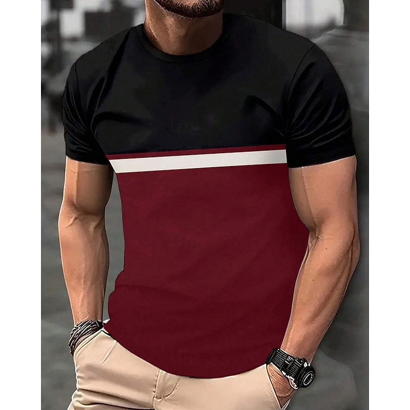 Men's T Shirt Tee Short Sleeve Shirt Tee Top Short Sleeve Crew Neck Summer Spring Color Block Fashion Designer Basic Patchwork Vacation Street Going out Wine Black White Top Tee for Men3