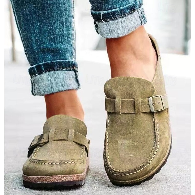 Women's Faux Suede Slip-On Loafers – Casual Comfort Flats with Buckle Detail and Cushioned Cork Sole for Everyday Wear
