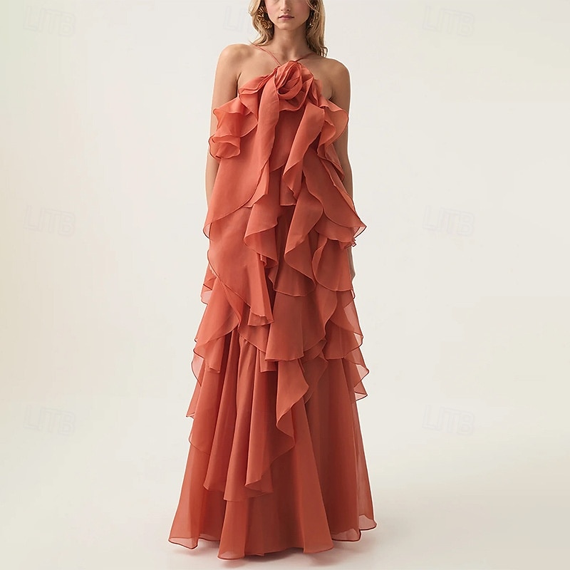 A-Line Evening Gown Elegant Dress Formal Evening Party Floor Length Sleeveless Halter Neck Organza with Flowers and Ruffles3