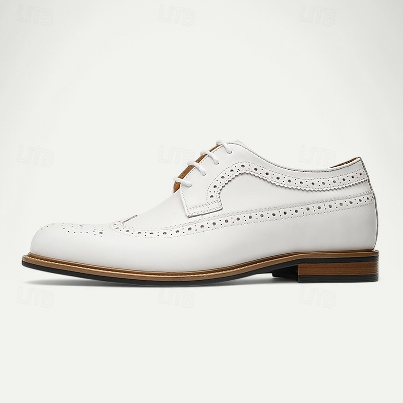 Men's White Premium Cowhide Lace-Up Brogue Shoes with Perforated Detailing, Formal Style for Weddings and Special Events4