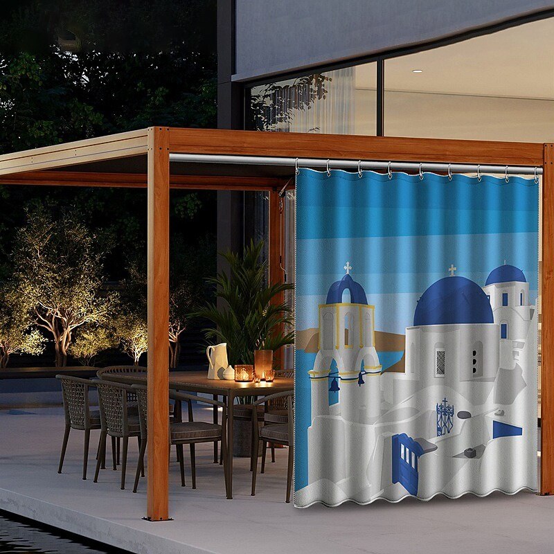 Waterproof Outdoor Curtain Privacy, Sliding Patio Curtain Drapes, Pergola Curtains Grommet 3D Landscape Satorini For Gazebo, Balcony, Porch, Party, 1 Panel3