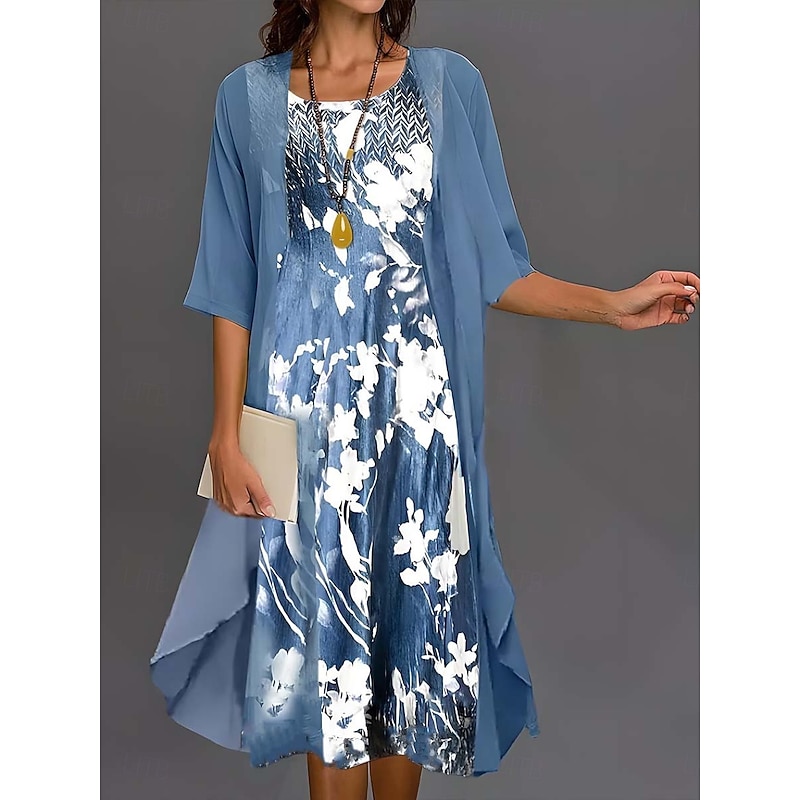 Women's Graduation Dress Midi Dress Chiffon Dress Shift Dress Elegant Party Formal Vacation Wedding Guest Loose Fit Floral Half Sleeve Crew Neck Blue Summer Spring Fall