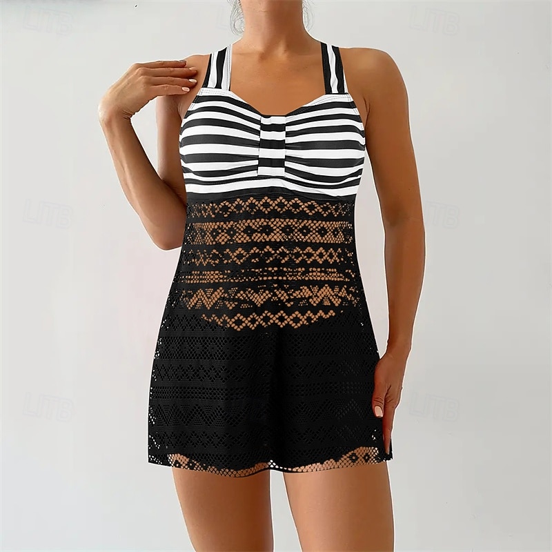 Women's Tankini Two Piece Swimsuit Lace Swimwear Stripes Swimwear Black Purple Breathable Quick Dry Lightweight Sleeveless - Swimming Surfing Beach Summer Spring Plus Size2