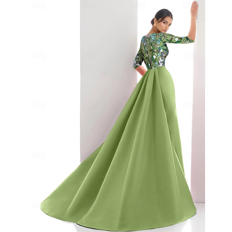 Beaded Floral Lace Appliques Black Tie Mermaid Evening Gown Elegant Dress Formal Wedding Sweep / Brush Train Half Sleeve Boat Neck Satin with Overskirt3