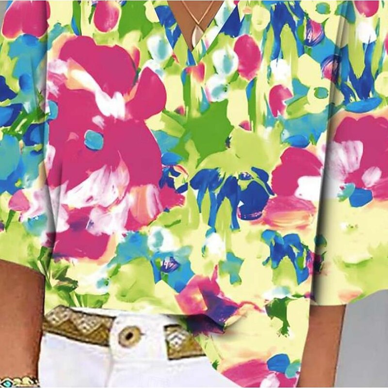 Women's Shirt Button Down Blouse Floral Stylish Beach Short Sleeve V Neck Regular Tops Daily Print Light Green Spring Fall3