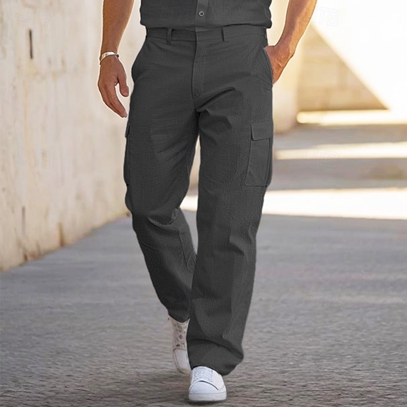 Men's Cargo Pants Linen Pants Trousers Summer Pants Multi Pocket Straight Leg Plain Comfort Breathable Full Length Outdoor Casual Daily Fashion Streetwear Black White2