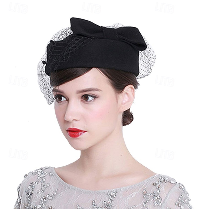Women's British Style Pillbox Church Derby Wedding Winter Vintage Fascinator Beret Wool Felt Veil Hat