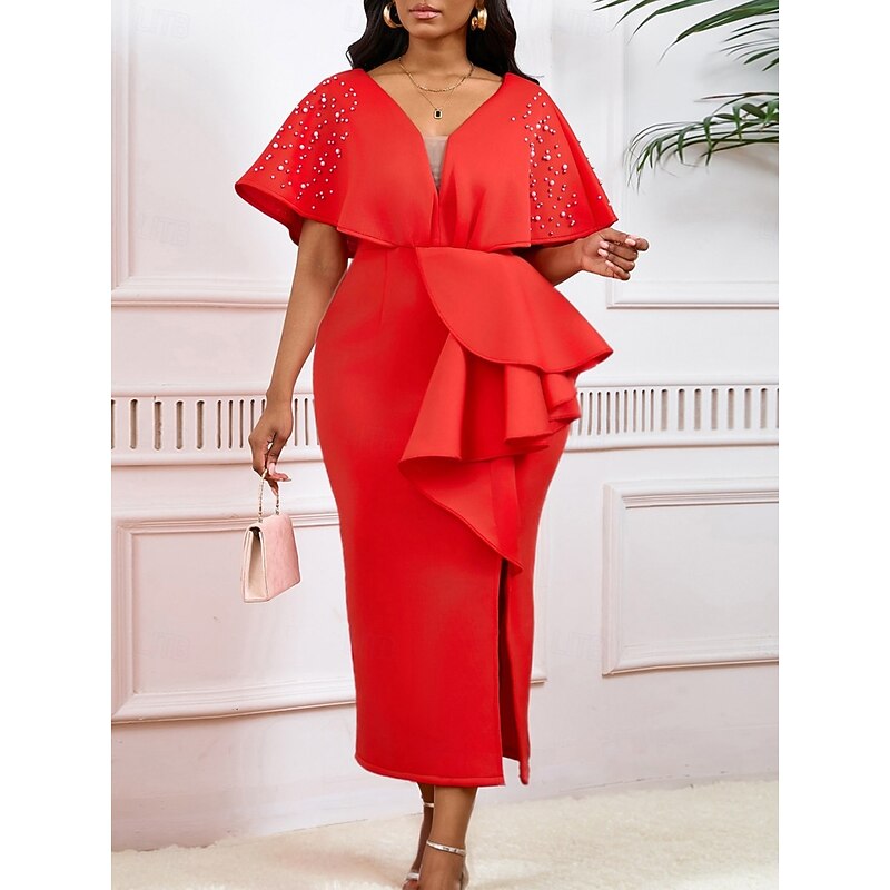 Kentucky Derby Women's Midi Dress Bodycon Dress Puff Sleeve Dress Elegant Formal Cocktail Formal Party Wedding Guest Regular Fit Graphic Short Sleeve V Neck Black White Yellow Red Summer2