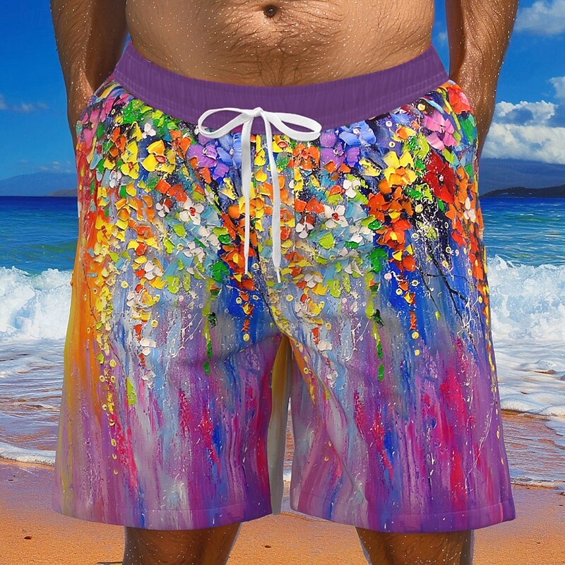 Men's Colorful Oil painting flowers Swim Shorts Board Shorts Swimming Trunks Mid Waist Hawaiian Casual Vacation Holiday Beach Wear Side Pockets Mesh Lining Elastic Drawstring Waist Designer Clothing