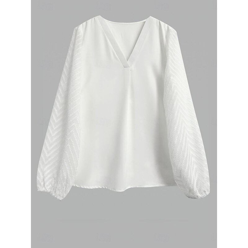 Women's Shirt Blouse Solid Color Stylish Casual Long Sleeve V Neck Regular Tops Daily Lace Patchwork White Summer Spring4