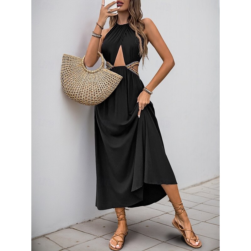 Women's Maxi Dress Black Dress Graduation Dress Casual Dress Cocktail Dress Vacation Casual Vacation Daily Holiday Regular Fit Plain Sleeveless V Neck Black Summer