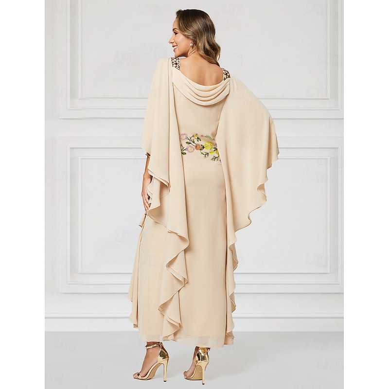 Floral Column Mother of the Bride Dress Elegant Plus Size Jewel Neck Floor Length Chiffon Half Sleeve with Beading Tier Cascading Ruffles3