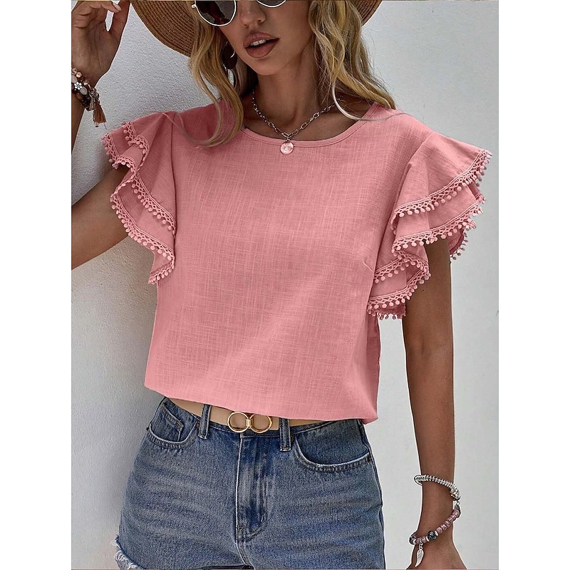 Women's Dressy Tops Elegant Short Sleeve Crew Neck Regular Tops Pink khaki Summer Spring