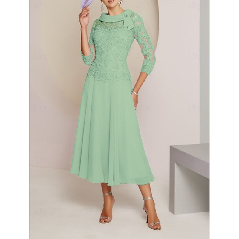 Sheath / Column Mother of the Bride Dress Wedding Guest Party Sweet Scoop Neck Tea Length Chiffon Lace 3/4 Length Sleeve with Pleats Beading4