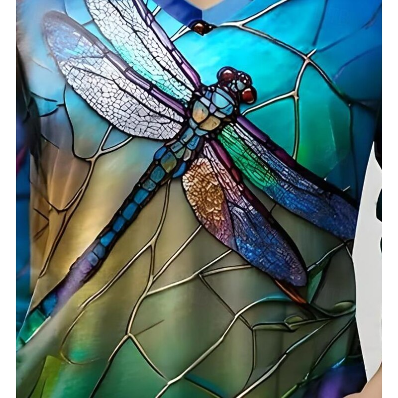 Women's T Shirt V Neck Long Sleeve Tunic Animal Rainbow Color Gradient Elegant Vintage Regular Tops Daily Print Blue Summer Spring Fall2