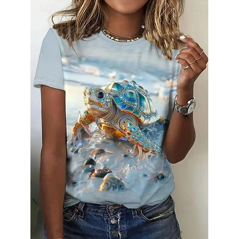 Women's T Shirt Sea Turtle Casual Short Sleeve Round Neck Regular Tops Daily Print Blue Summer