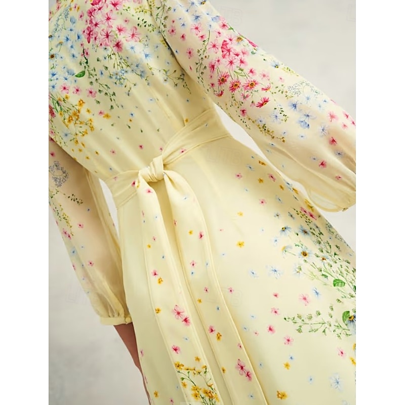 A-Line Mother of the Bride Dress Elegant Simple Minimalist V Neck Floral Print Floor Length Chiffon Long Sleeve with Covered Buttons Race Day Dress Wedding Guest Dress3