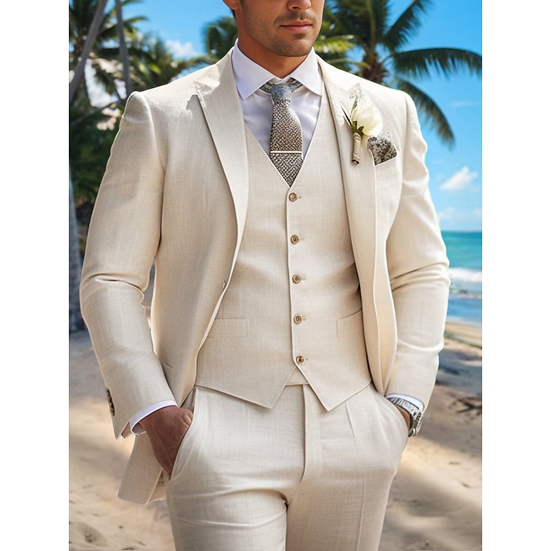 Men's Beach Wedding Linen Suits Notch Lapel Beige Fashion Formal Solid Colored Standard Fit 3 Piece Single Breasted One-button